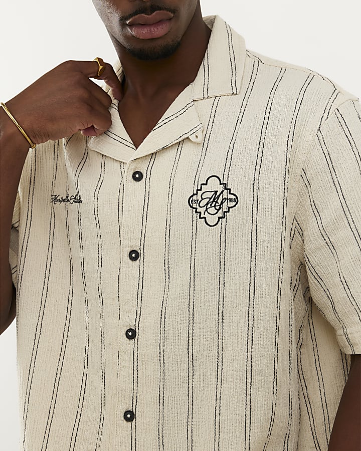 Cream Short Sleeve Textured Pinstripe Shirt