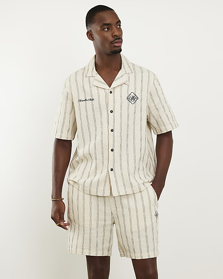 Cream Short Sleeve Textured Pinstripe Shirt