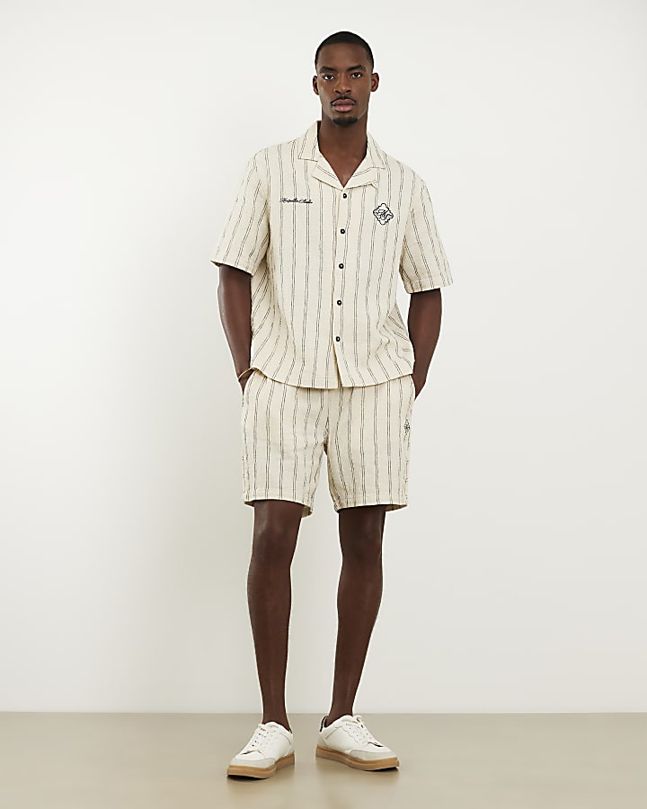 Cream Short Sleeve Textured Pinstripe Shirt
