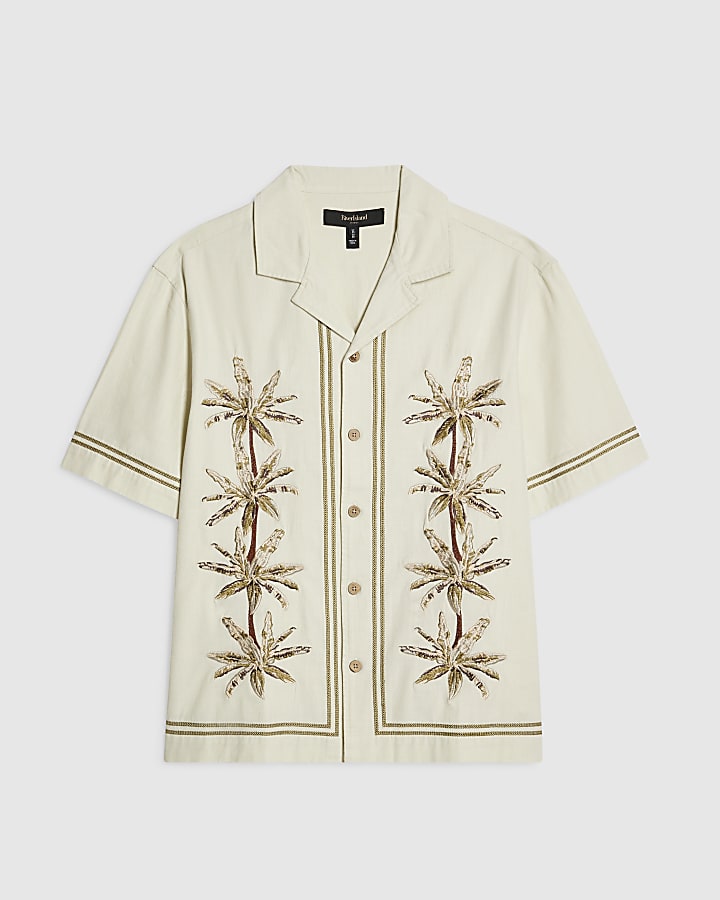 Cream Palm Tree Embroidered Shirt