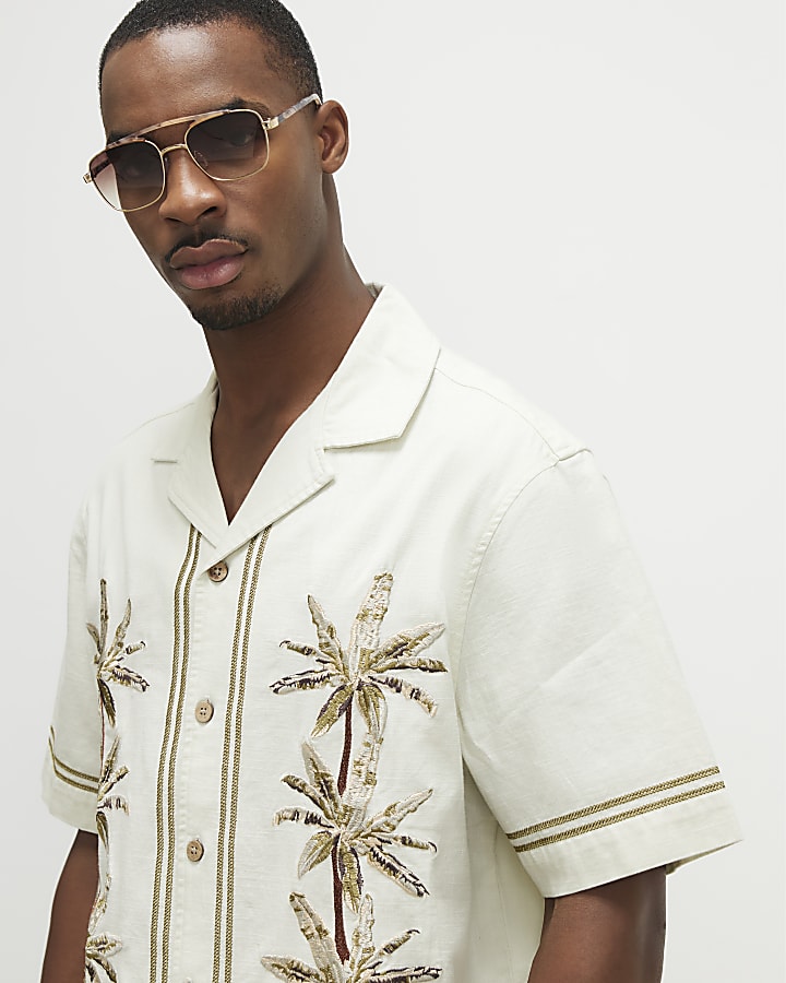 Cream Palm Tree Embroidered Shirt