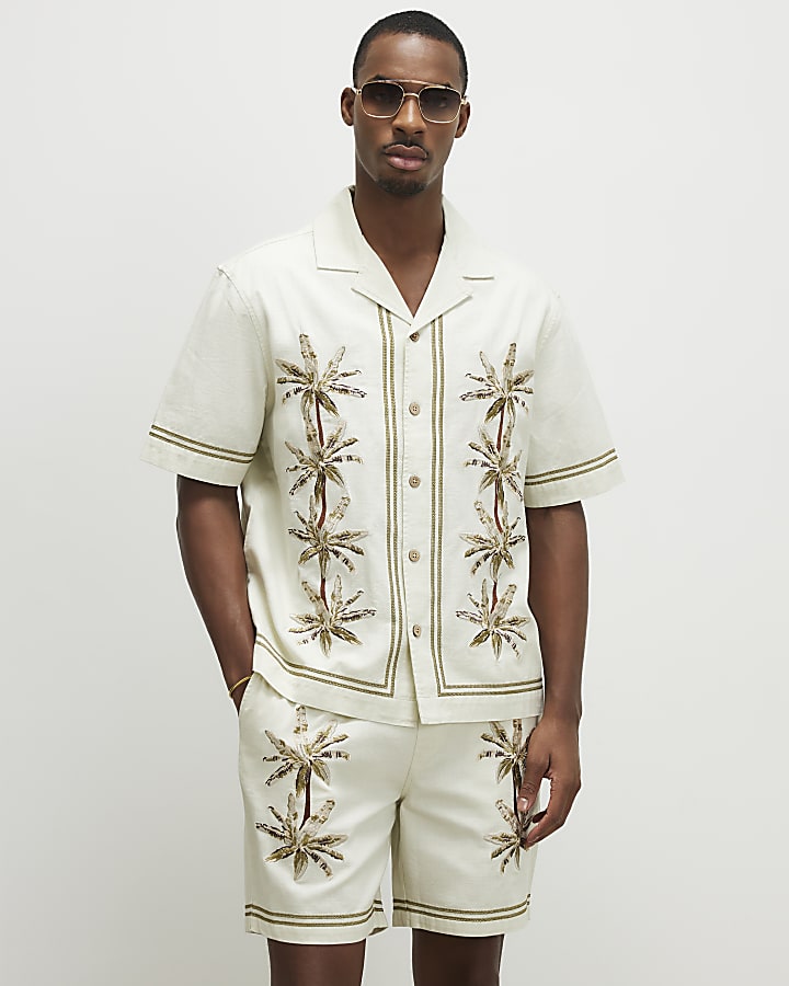 Cream Palm Tree Embroidered Shirt