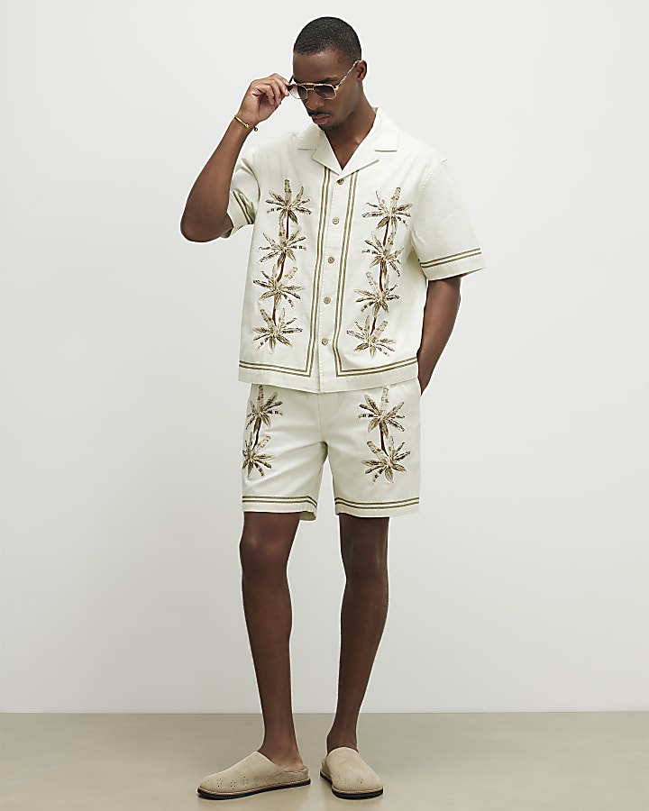 Cream Palm Tree Embroidered Shirt