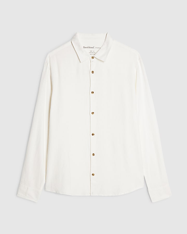 White Regular Fit Linen Blend Shirt