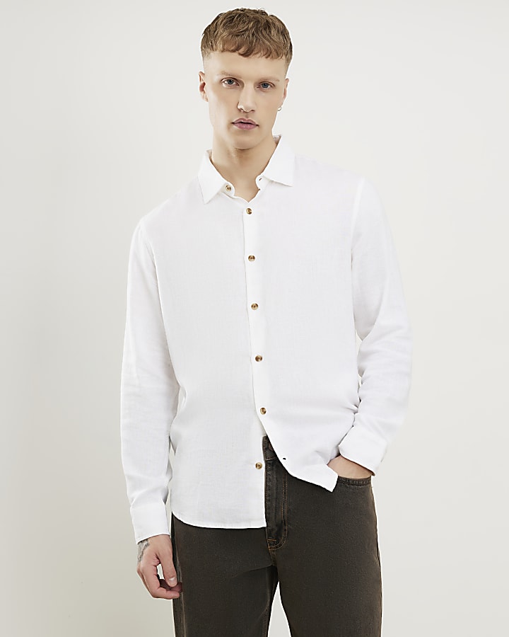 White Regular Fit Linen Blend Shirt