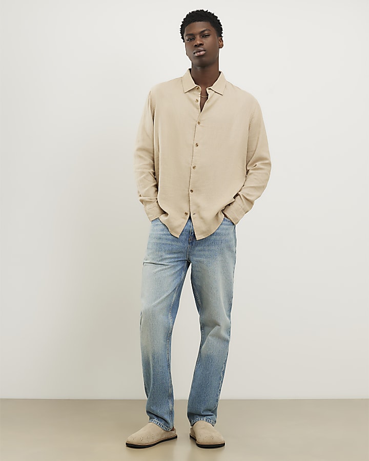 Beige Regular Fit Linen Blend Shirt