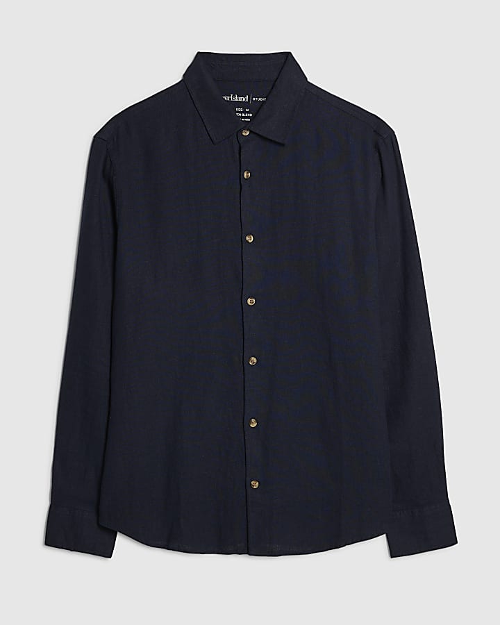 Navy Regular Fit Linen Blend Shirt