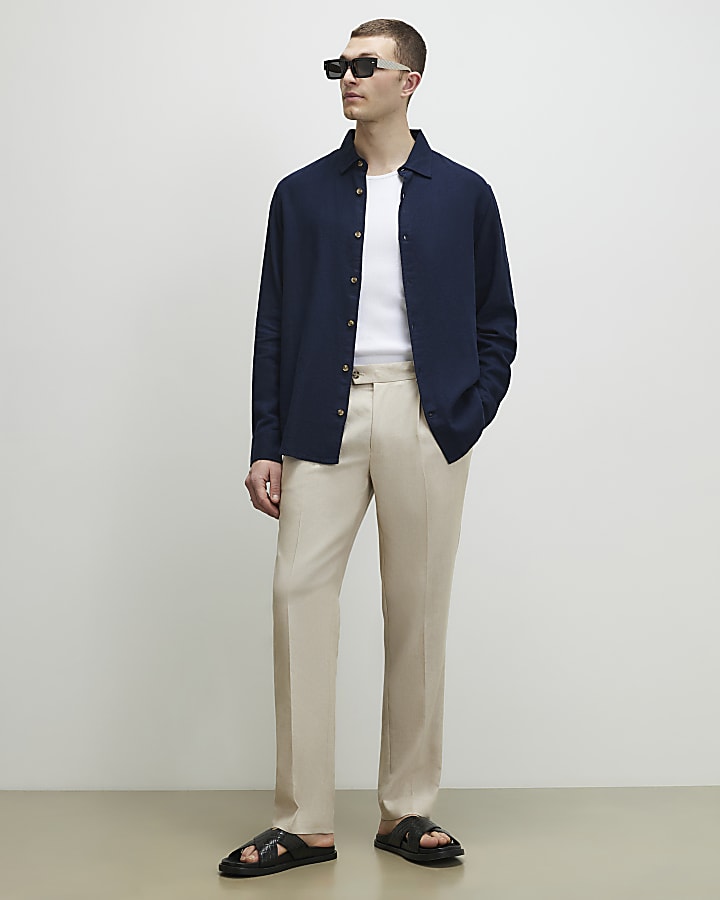 Navy Regular Fit Linen Blend Shirt