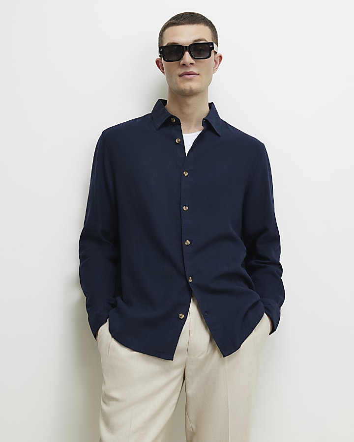 Navy Regular Fit Linen Blend Shirt