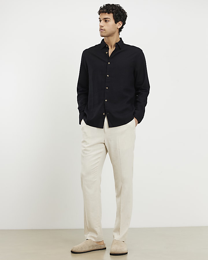 Black Regular Fit Linen Blend Shirt