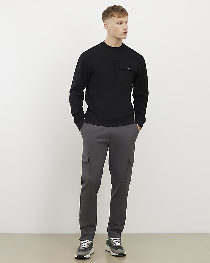 Black Slim Fit Waffle Pocket Sweatshirt