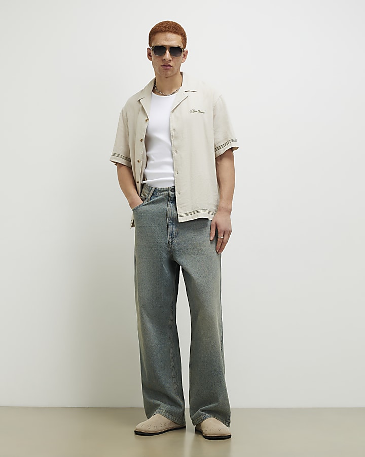 Beige Regular Fit Linen Blend Floral Shirt