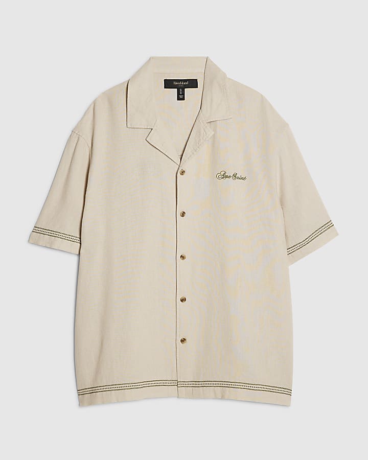 Beige Regular Fit Linen Blend Floral Shirt