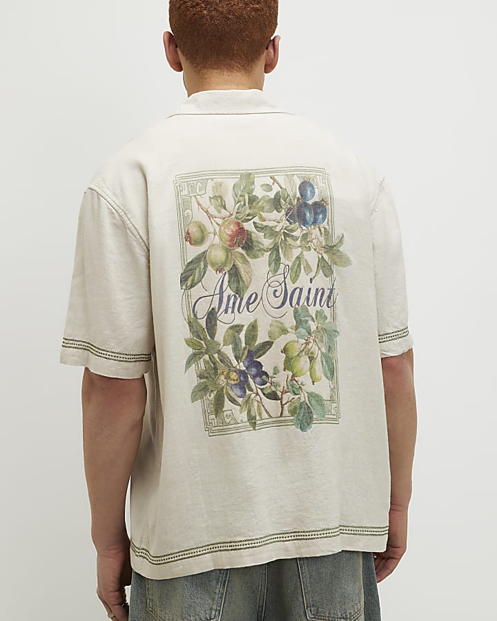 Beige Regular Fit Linen Blend Floral Shirt