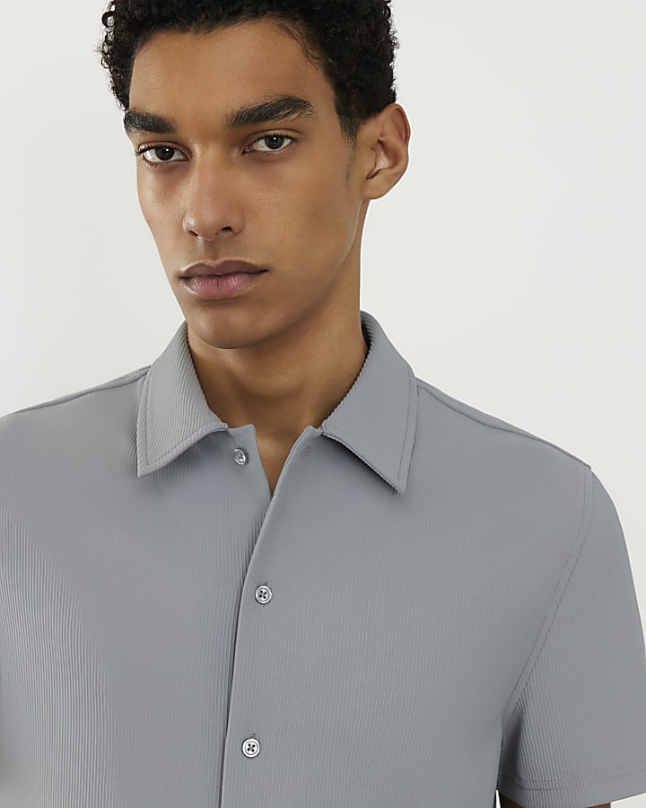 Blue Muscle Fit Ribbed Shirt