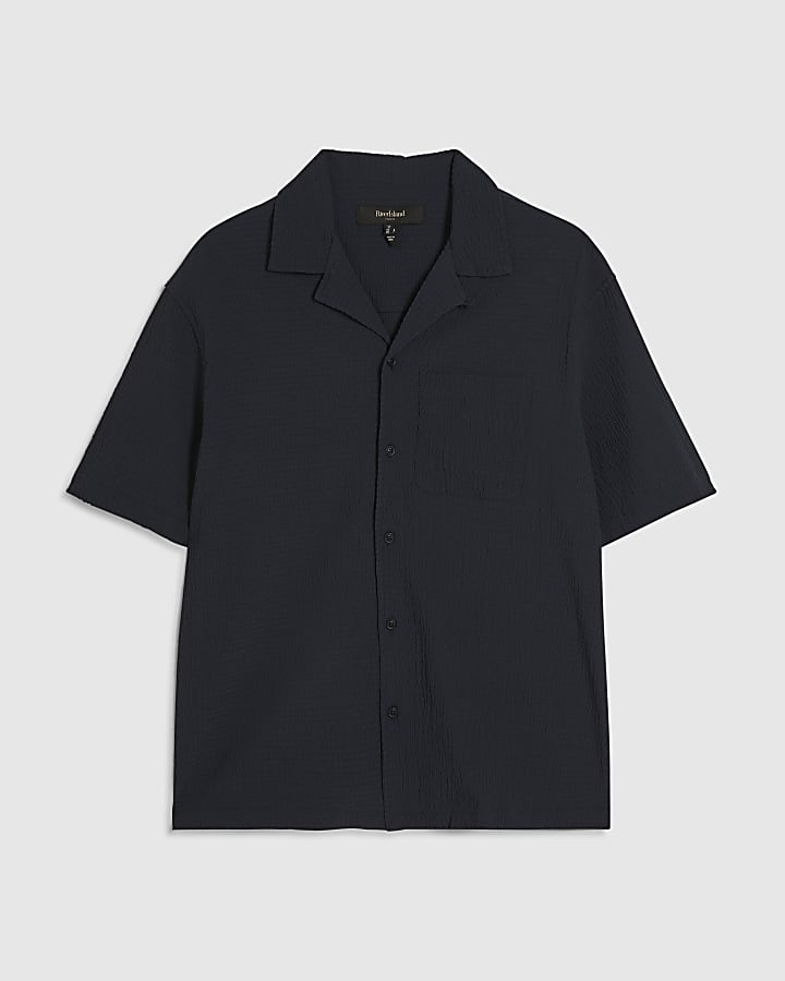 Navy Regular Fit Textured Short Sleeve Shirt