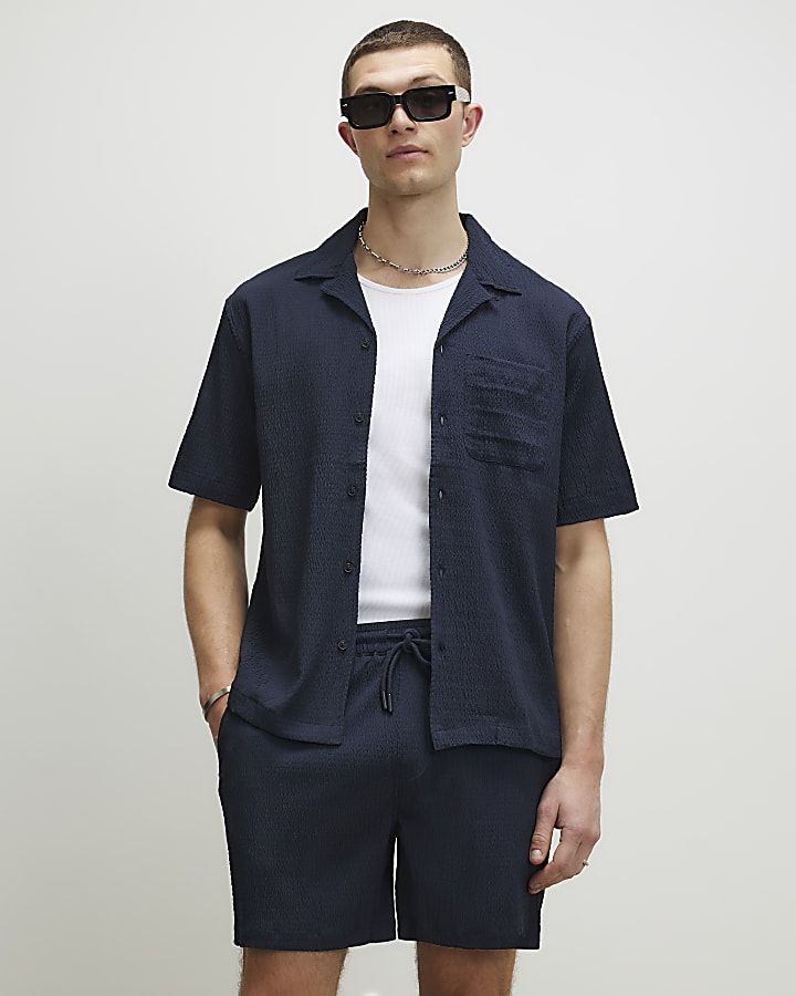 Navy Regular Fit Textured Short Sleeve Shirt