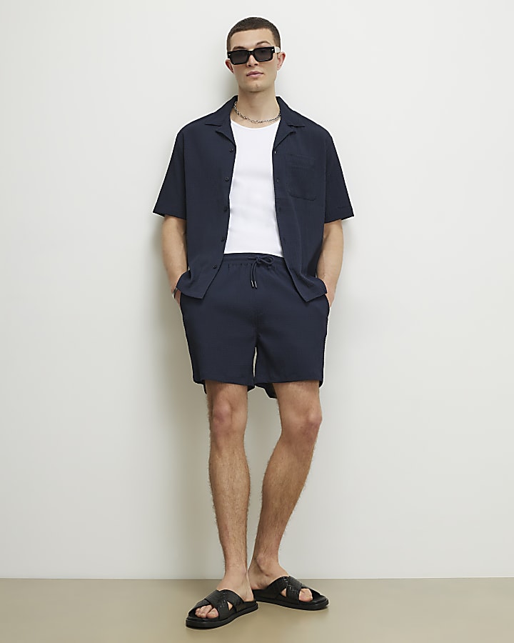 Navy Regular Fit Textured Short Sleeve Shirt