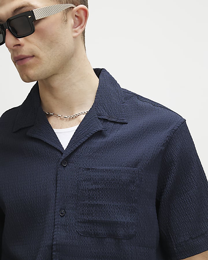 Navy Regular Fit Textured Short Sleeve Shirt