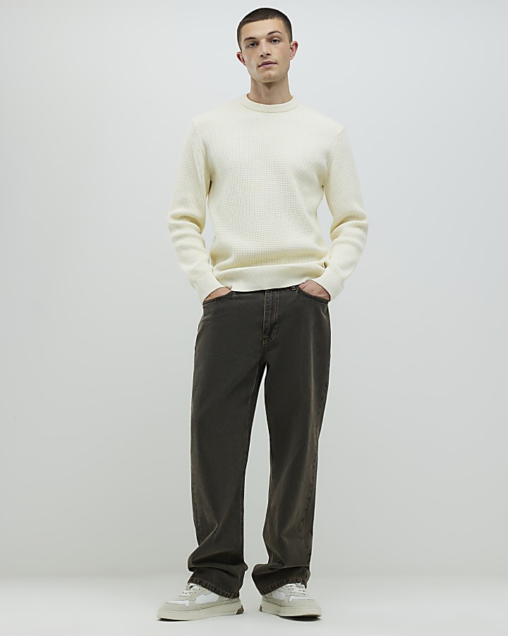 Cream Slim Fit Waffle Knit Jumper