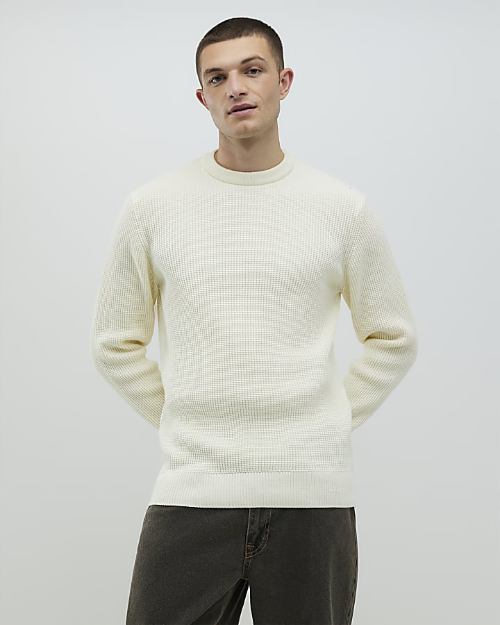 Cream Slim Fit Waffle Knit Jumper
