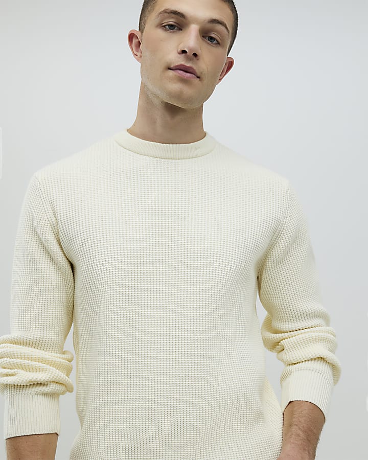 Cream Slim Fit Waffle Knit Jumper