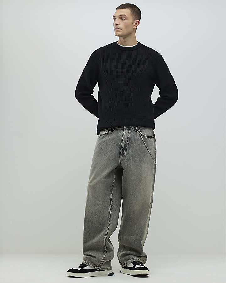 Black Slim Fit Waffle Knit Jumper