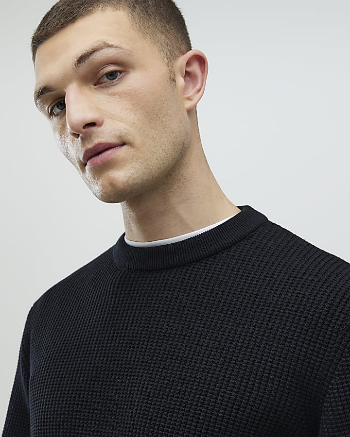 Black Slim Fit Waffle Knit Jumper