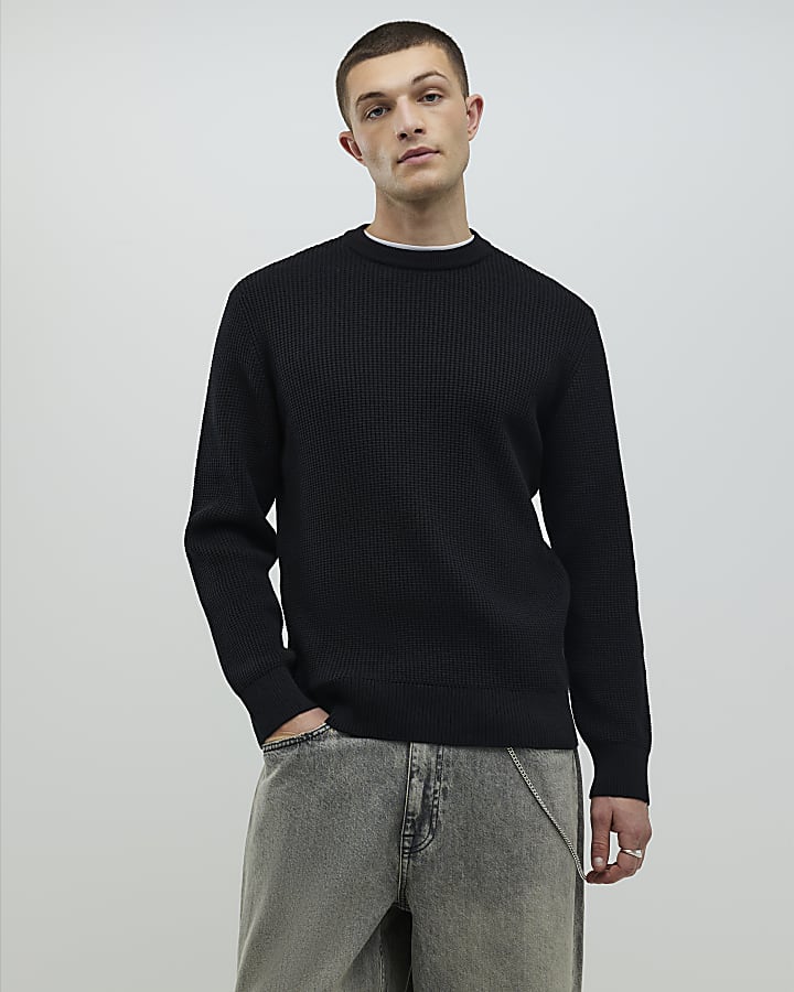 Black Slim Fit Waffle Knit Jumper