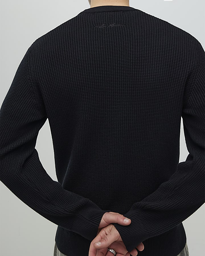Black Slim Fit Waffle Knit Jumper