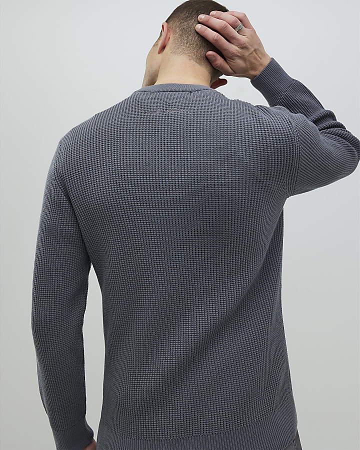 Grey Slim Fit Waffle Knit Jumper