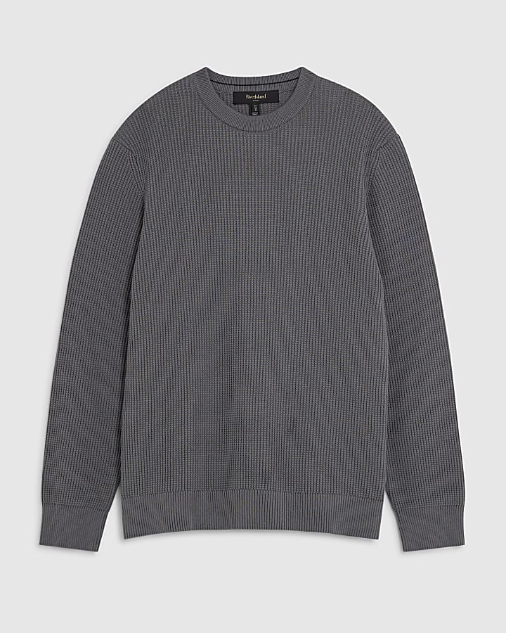 Grey Slim Fit Waffle Knit Jumper