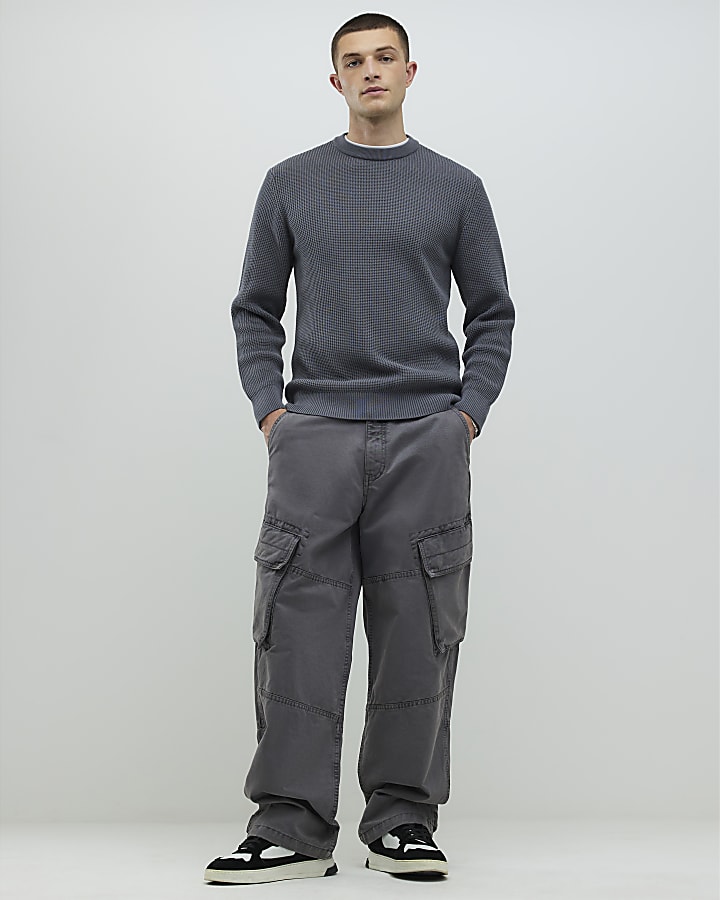 Grey Slim Fit Waffle Knit Jumper