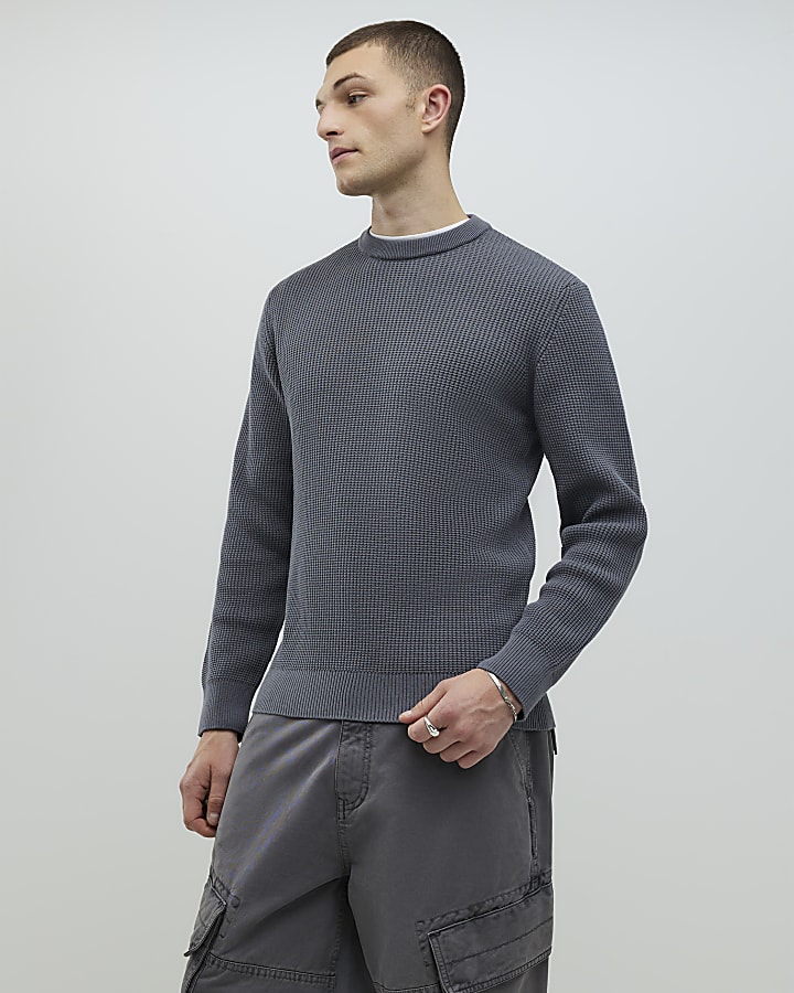 Grey Slim Fit Waffle Knit Jumper