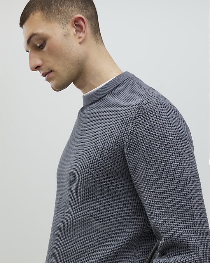 Grey Slim Fit Waffle Knit Jumper