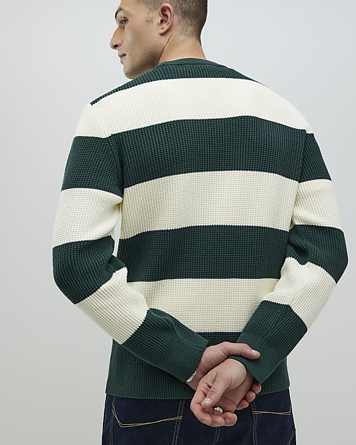 Green Slim Fit Waffle Knit Stripe Jumper