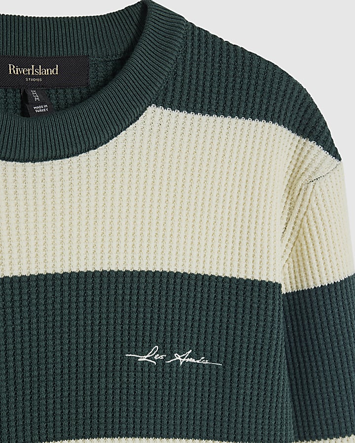 Green Slim Fit Waffle Knit Stripe Jumper