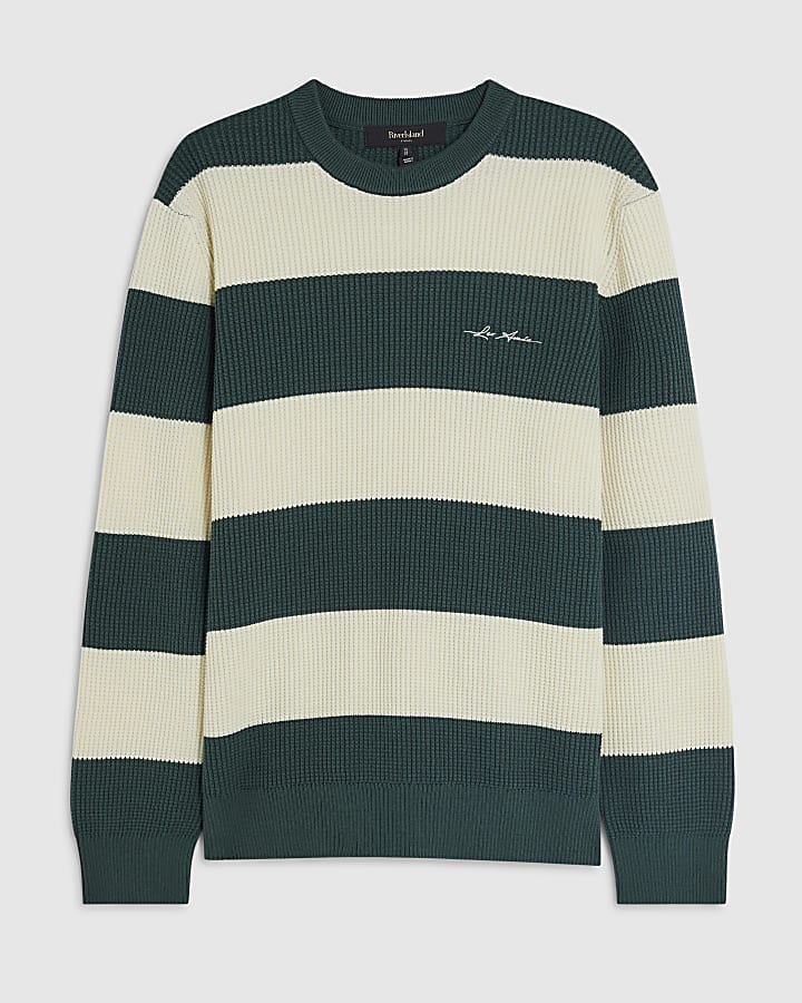 Green Slim Fit Waffle Knit Stripe Jumper