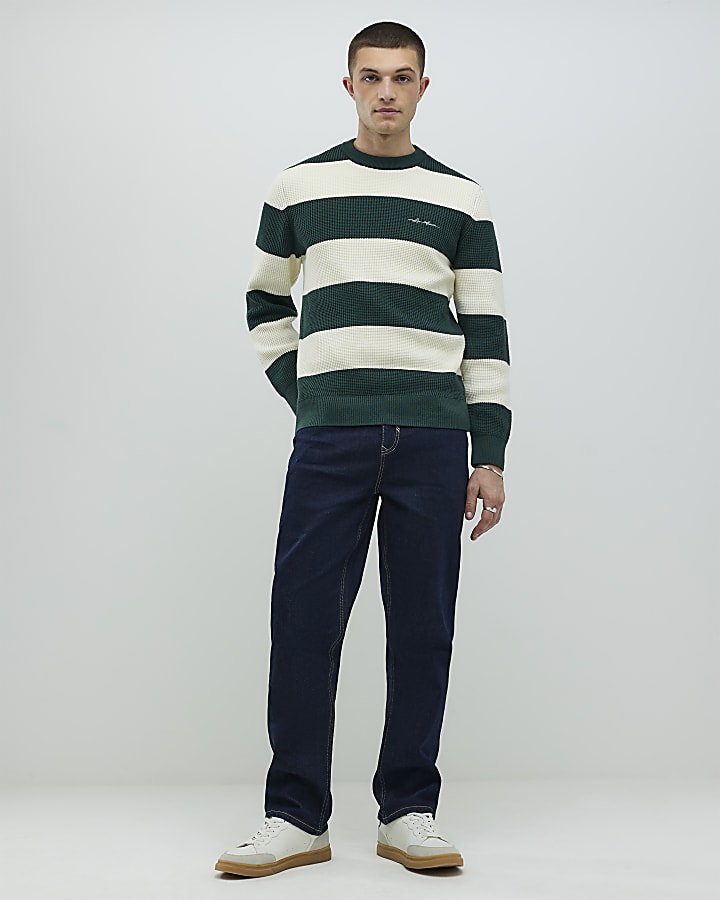 Green Slim Fit Waffle Knit Stripe Jumper