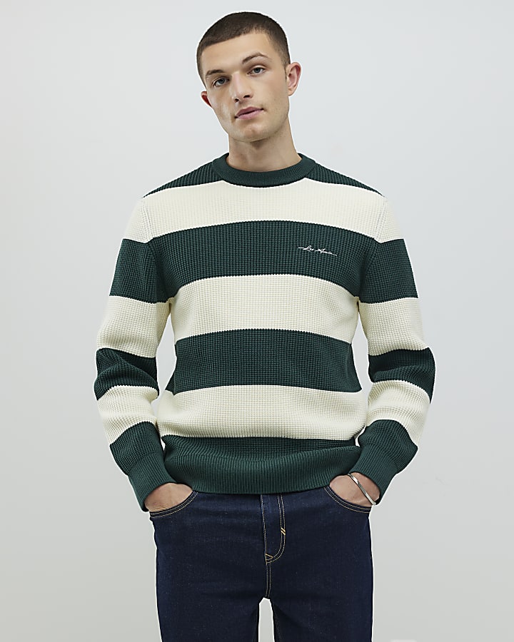 Green Slim Fit Waffle Knit Stripe Jumper