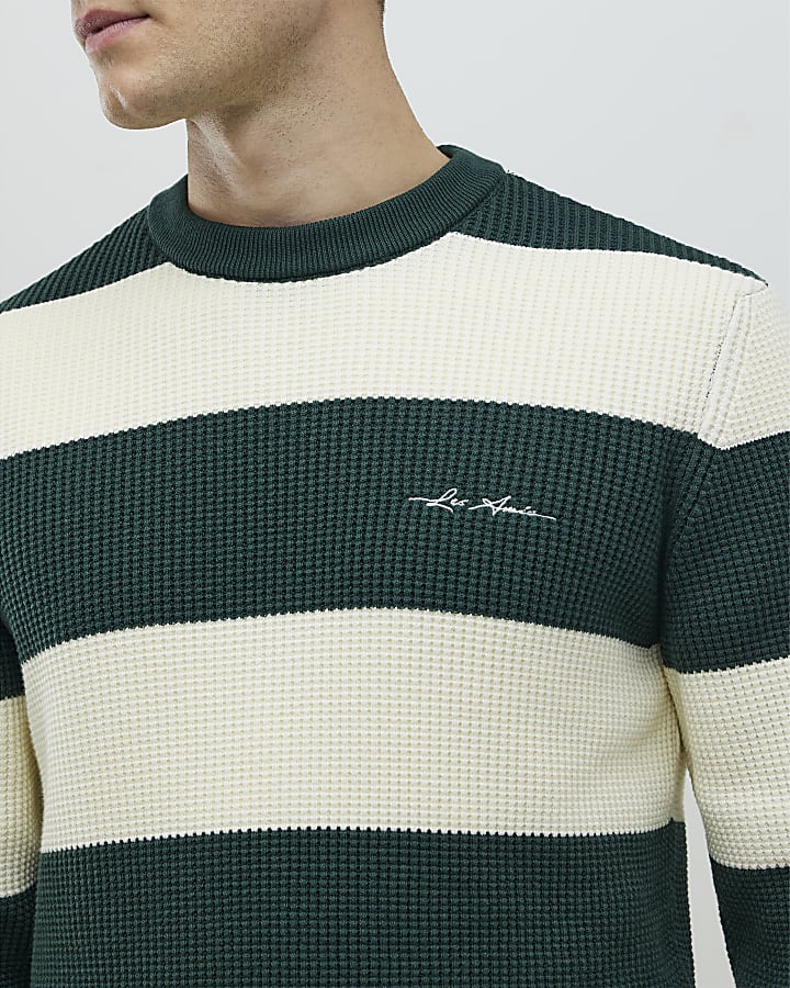 Green Slim Fit Waffle Knit Stripe Jumper