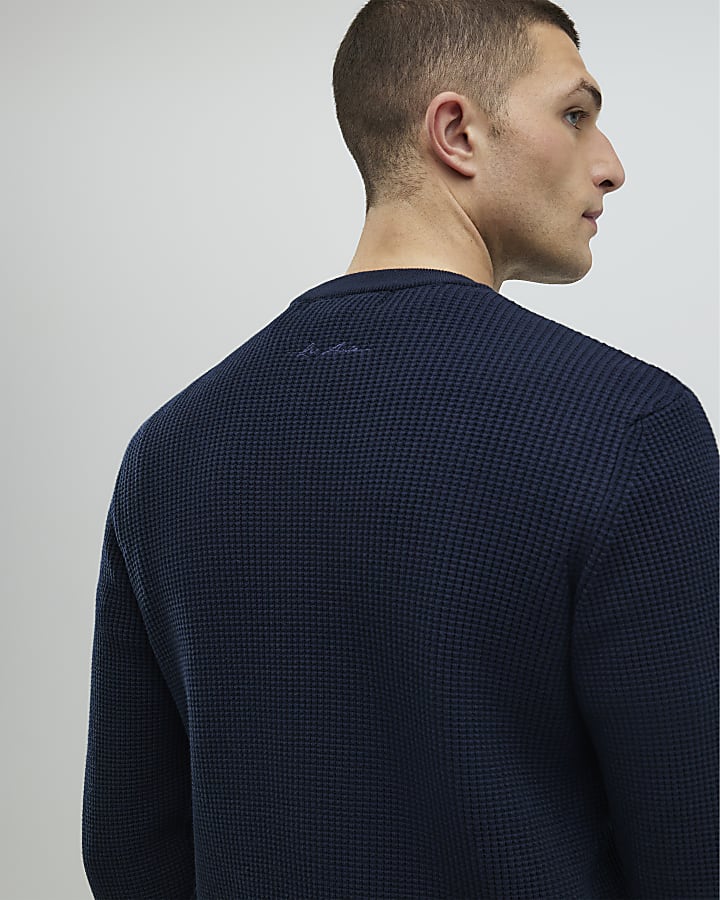 Navy Slim Fit Waffle Knit Jumper