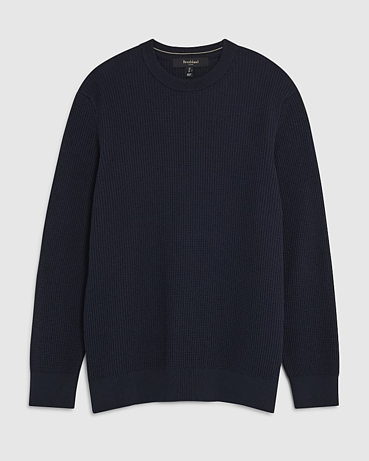Navy Slim Fit Waffle Knit Jumper