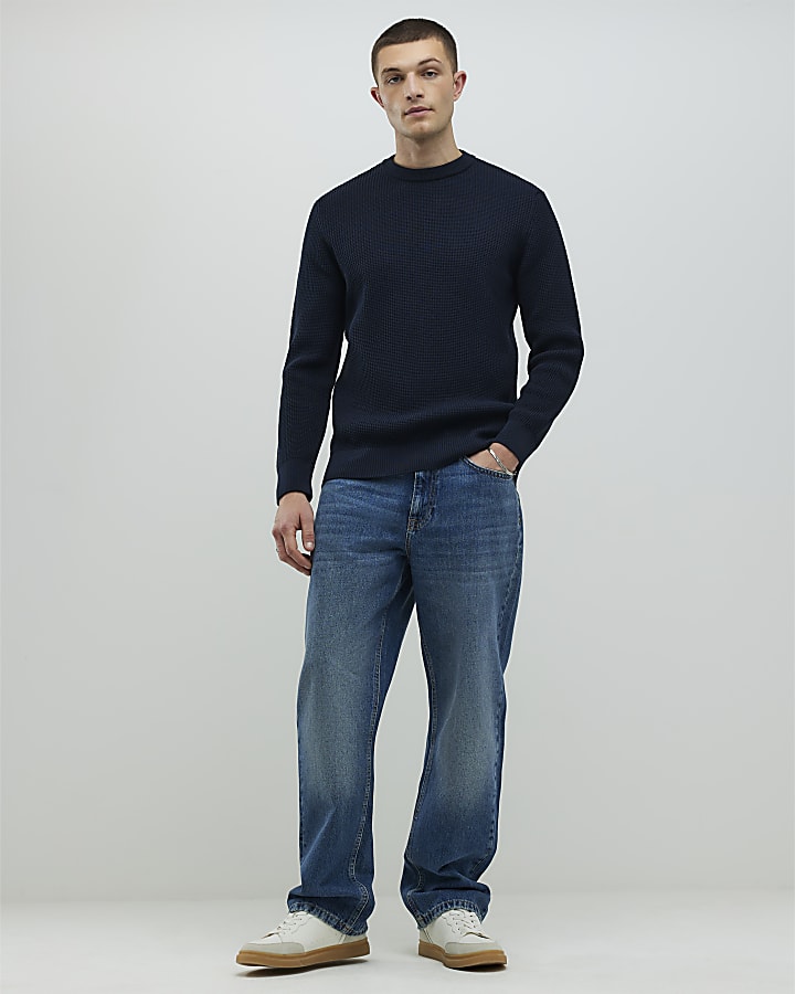 Navy Slim Fit Waffle Knit Jumper