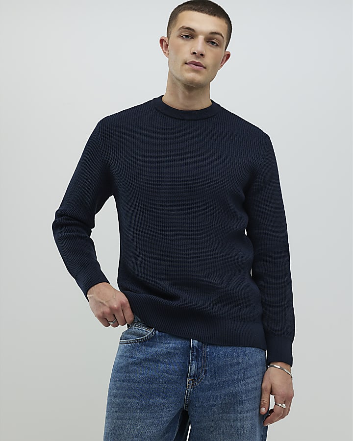 Navy Slim Fit Waffle Knit Jumper