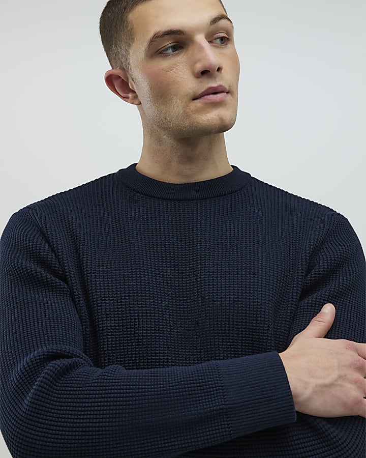 Navy Slim Fit Waffle Knit Jumper