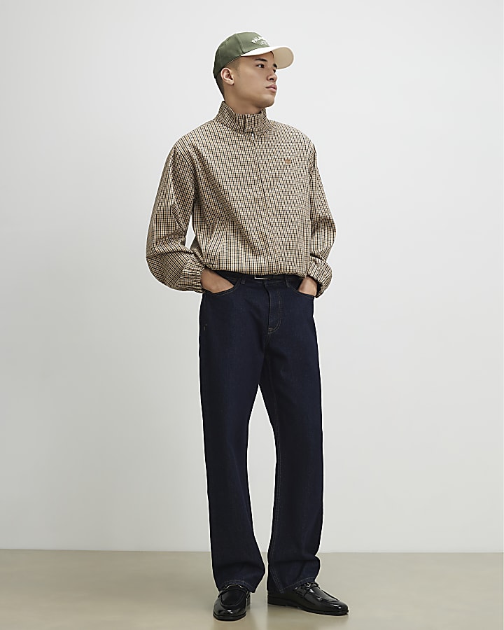 Beige Funnel Neck Check Harrington Jacket