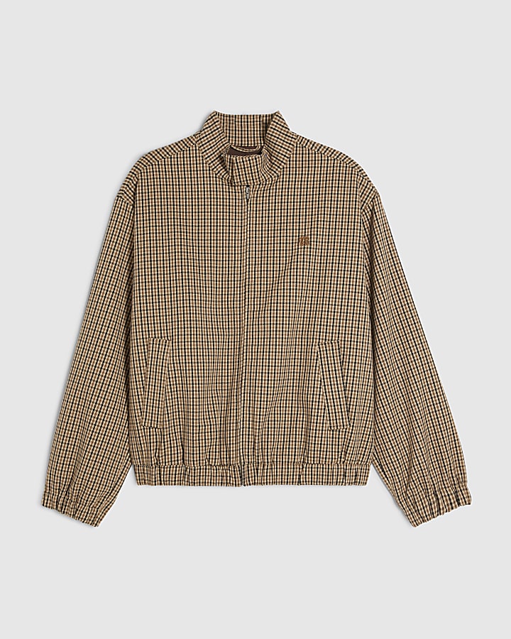 Beige Funnel Neck Check Harrington Jacket