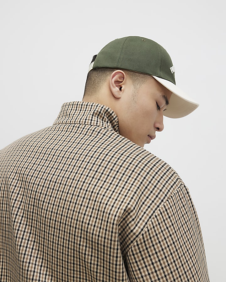 Beige Funnel Neck Check Harrington Jacket