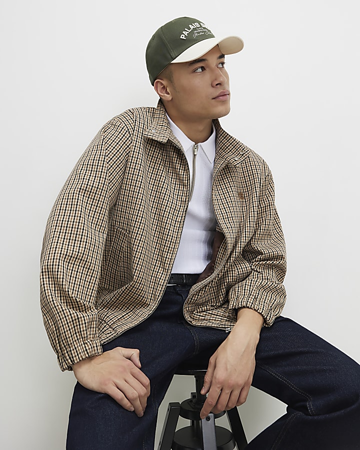 Beige Funnel Neck Check Harrington Jacket